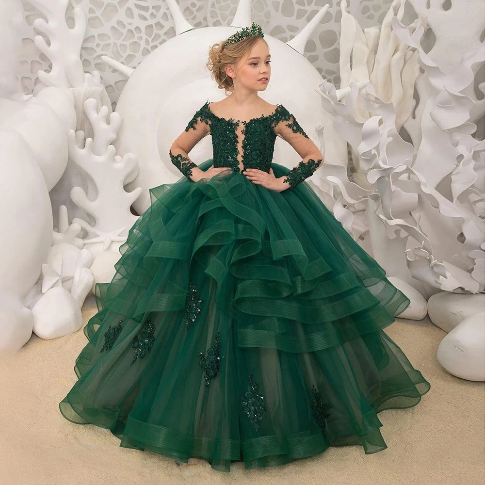 Green Princess Flower Girl Dresses 2022 New Baby A-Line Christmas Prom Gowns Long Sleeves Kids Birthday Dress платье для девочки 4