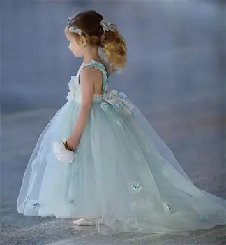 Gökyüzü Mavi Güzel Çiçek Kız Elbise Dantel Aplikler Çocuk Resmi Giyim Backless Doğum Günü Toddler Kız Pageant Törenlerinde Kız Elbise