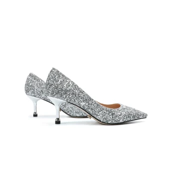 Gümüş Pullu Düğün Ayakkabı 2021 Yeni Nedime Ayakkabı düğün elbisesi 6 cm Sivri Orta Topuk Ince Topuk Yüksek Topuklu kadın ayakkabısı