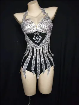 H136 Bodysuit Şarkıcı Boynuz Seksi Leotard Siyam Kutup Dansçı Elastik Gerilmiş Parti Kostüm İnciler Elmas Sondaj Zincir Modeli