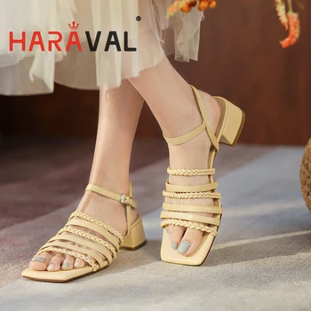 HARAVAL Kadın Sandalet Ayakkabı Yaz Hakiki Deri Yüksek Topuklu Rahat Elbise Toka Kayış Ayak Bileği Kayışı Sığ kadın ayakkabısı B281