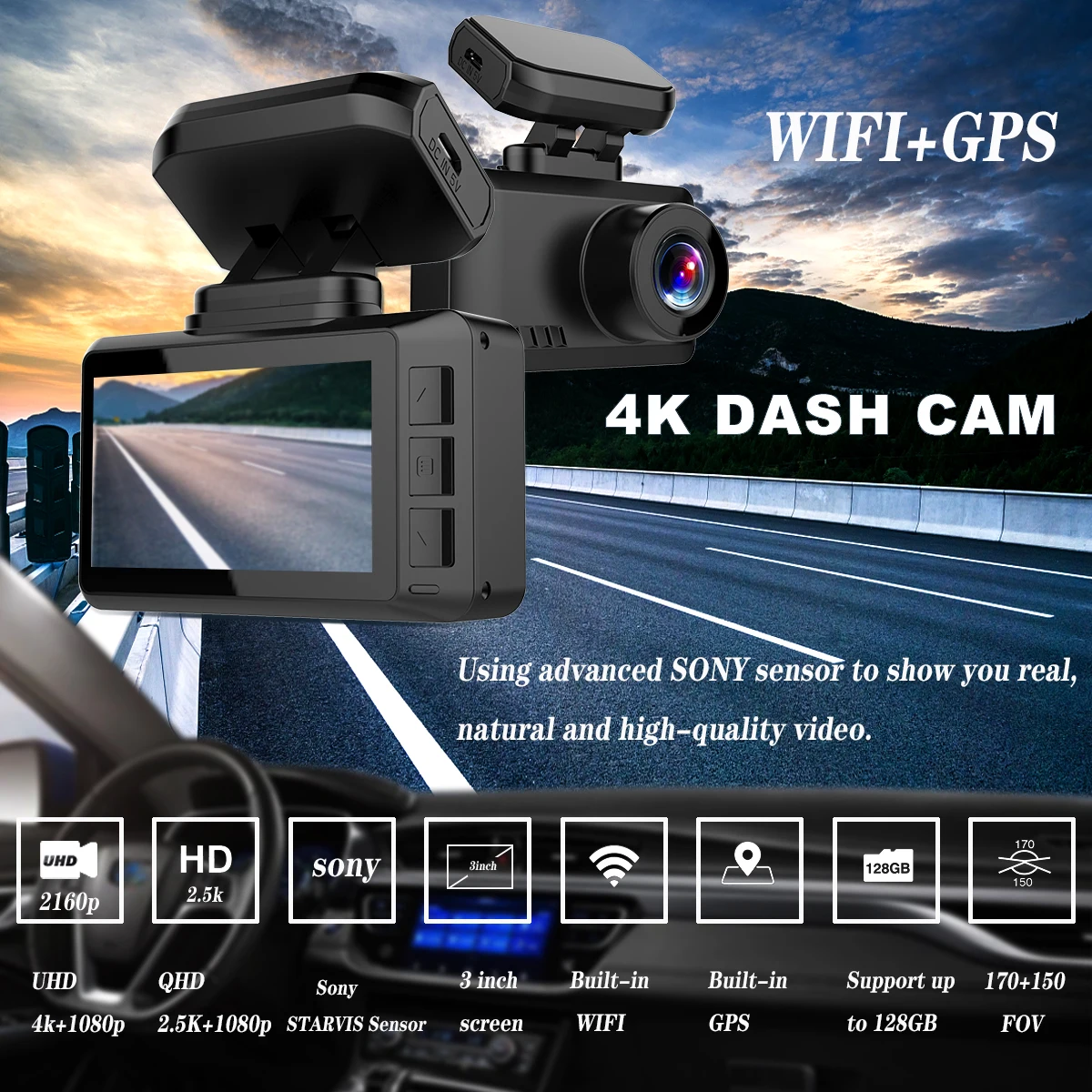 HD 4 K video kaydedici Sony IMX335 PARK SENSÖRÜ DASH KAMERA WiFi GPS park monitörü dash kamera ön ve arka 4 k ile Gece Görüş