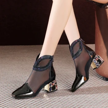 Inek derisi kısa çizmeler kadın 2021 ilkbahar ve yaz yeni kadın ayakkabısı kare kafa elmas kalın topuk orta topuk serin çizmeler