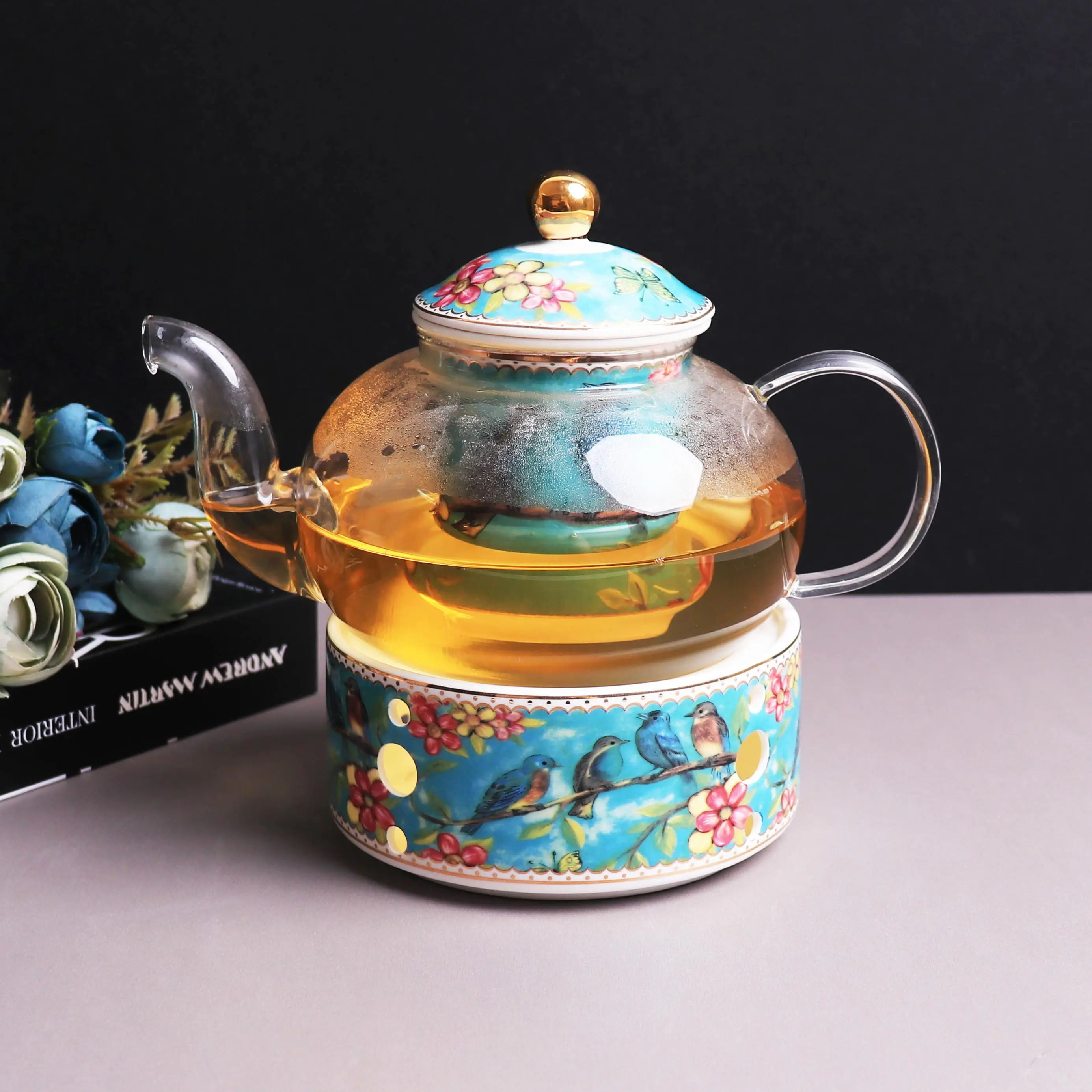 Ins İngilizce ve Avrupa öğleden sonra çay seti seti mum ısıtma tabanı cam pot filtreleme meyve çiçek çayı pot