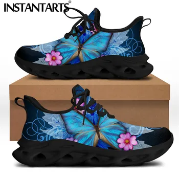 INSTANTARTS Mavi Kelebek Hayvan Marka Tasarım Dantel-up Sneakers Kadın düz ayakkabı Moda Kadın ışık ayakkabı Outdoot Lady Ayakkabı