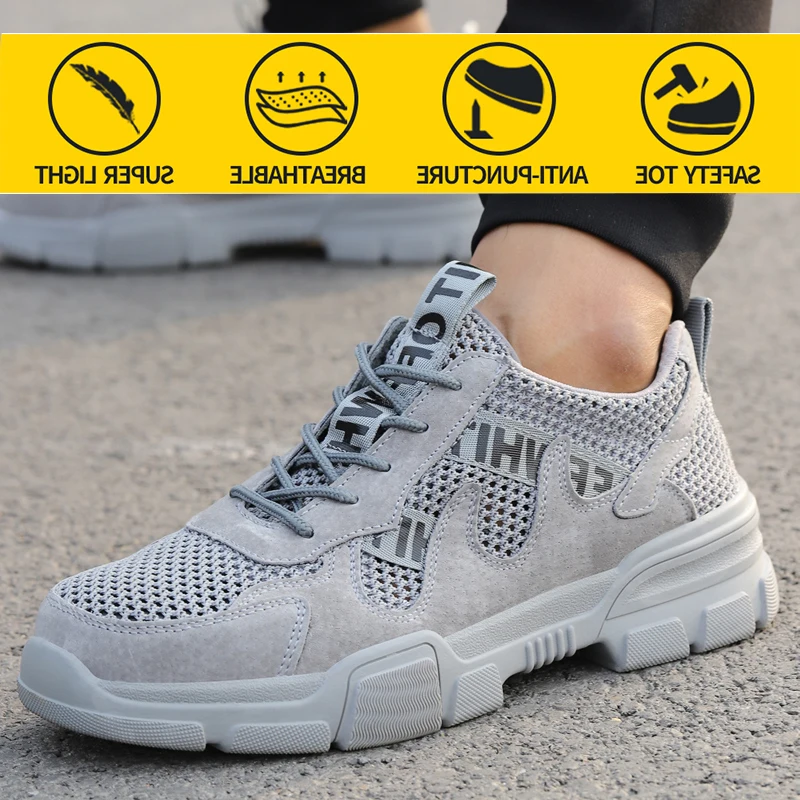 Inşaat Sneaker İş güvenliği ayakkabıları Erkek Kadın Nefes Giyilebilir Hafif Elastik Yumuşak Rahat Çelik Burunlu iş ayakkabısı