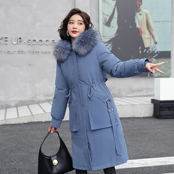 ISENMAL Artı Boyutu 4XL Kar Giyim Uzun Parka Kış Ceket Kadınlar Kapşonlu Casual kadın uzun kaban Ile Kürk Yaka Kalın palto