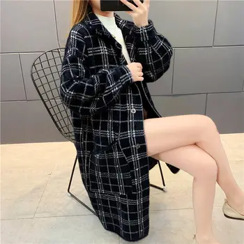 İmitasyon Vizon Palto Kadınlar Uzun Ekose Kazak Kadın Kalın Sonbahar Kış Giyim Moda Fener Kollu Hırka Ceket f2470