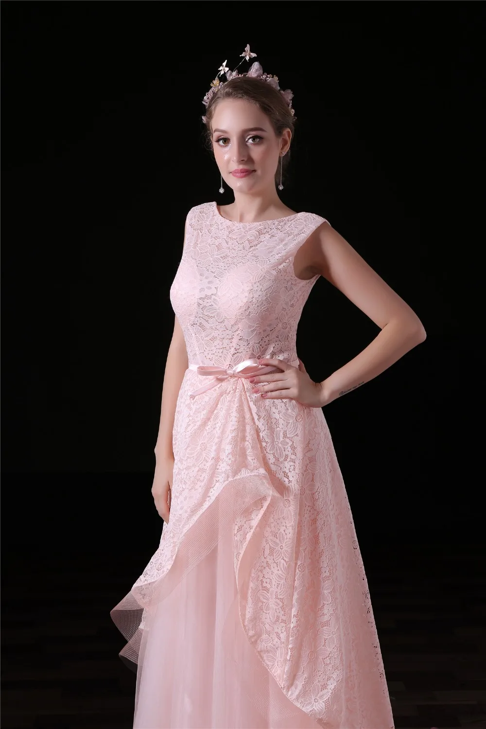 JaneVini Pembe Uzun Gelinlik Modelleri 2018 Dantel See Through Korse Düğün Parti Elbise Artı Boyutu Tül Kolsuz Balo Elbise Yeni 1