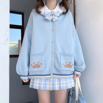 Japon Lolita Kawaii Örme Kazak Kadınlar Düğme Aşağı Sevimli Kedi Paw Hırka Genç Kız Rahat JK Okul Kapüşonlu Ceket