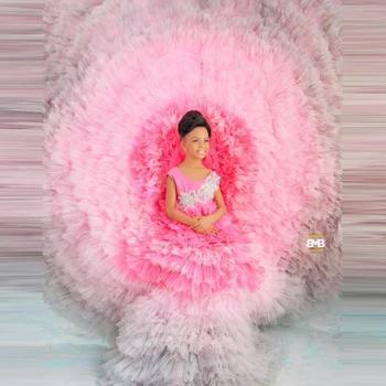 Kabarık Tül Çiçek Kız Elbise Ekstra Kabarık Renkli Tül Ruffles Çocuk Pageant Sabahlık Kristaller Backless