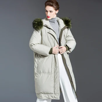 Kadın Aşağı Palto Ceket Rakun Kürk Yaka Moda Kalınlaşmış Diz Üzerinde Uzun 90 % Ördek Aşağı Ceket