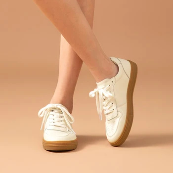 Kadın Beyaz Sneakers Hakiki Sentetik Deri Rahat Ayakkabılar Dantel Up Yuvarlak Ayak Bayanlar Düşük Topuk Flats El Yapımı BeauToday 29093
