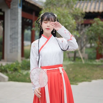 Kadın Beyaz Turuncu Peri Çin Geleneksel Hanfu Kostüm Yeni Stil Lady Han Hanedanı Elbise Nakış Tang Halk Dans Giyim