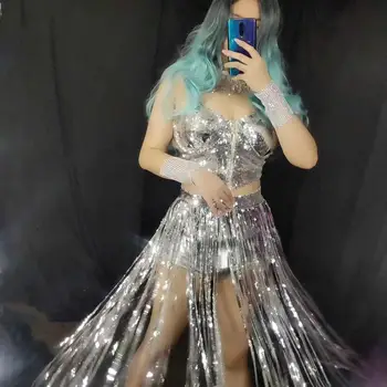 Kadın Gümüş Sequins Püskül Bikini Dans Kıyafeti Setleri Seksi Kulübü DJ Şarkıcı Disko Sahne Kostümleri Kutlama Kutup Dans Elbise