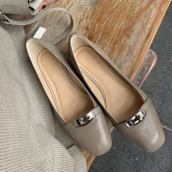 Kadın hakiki deri metal toka slip-on flats loafers eğlence yumuşak rahat espadrilles yuvarlak ayak rahat moccasins ayakkabı