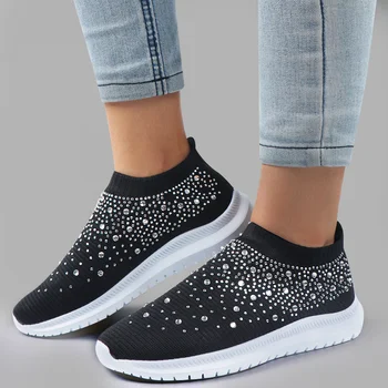 Kadın Kristal Moda Flats Ayakkabı Bling Rahat Kayma Çorap Sneakers Bayanlar Eğitmenler Yaz Kadın Vulkanize Ayakkabı X0785
