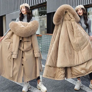 Kadın Kış Ceket Kapşonlu X-Uzun Kalın Sıcak Faux Kürk Yastıklı Kadın Yün Astar Ayrılabilir Artı Boyutu Ceketler Ceket