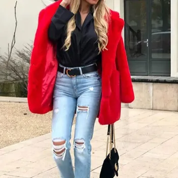 Kadın Kış Faux Kürk Uzun Kollu Ceket Katı Hırka Ceket Palto Sıcaklık Dış Giyim Kad Moda Fıkra Tavşan Kürk Streetwear