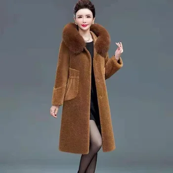 Kadın Moda Zarif Doğal Kürk Koyun Shearlıng Ceket Kadın Uzun Kapşonlu Yün Giyim Bayanlar Katı Casual Kürk Palto X816