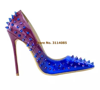 Kadın Mor Mavi Degrade Renk Patent Deri Yüksek Topuklu Yeni 12 cm Topuk Perçinler Elbise Ayakkabı Patchwork Çivili Düğün Ayakkabı
