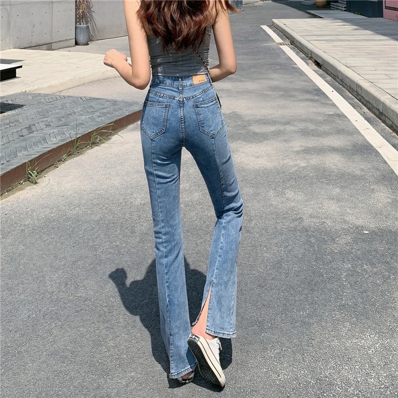 Kadın pantolon 2021 Yeni sonbahar Yüksek Bel Kot Anne Streç Kadın Mikro Boynuz Kot Kız Yıkama Denim Geniş Bacak Skinny Jeans