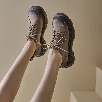 Kadın Pompa 34-40 Siyah Hakiki Inek Deri İngiliz Tarzı Dantel-up El Yapımı loafer ayakkabılar Med Topuk Yuvarlak Ayak Bayanlar Rahat 2022
