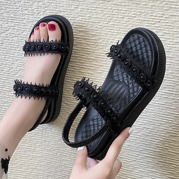 Kadın Sandalet 2021 Yaz Yeni Moda Platformu Düz Orta Topuk Elastik Bant kadın Çörek Alt Ayakkabı