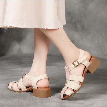 Kadın Sandalet Deri Düşük Topuklu Yaz Ayakkabı Kadınlar İçin Retro Yumuşak Hakiki Deri Kadın Sandalet El Yapımı 2021 Marka Ayakkabı Pembe 3