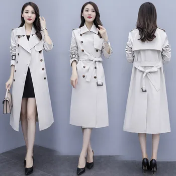 Kadın Trençkot Moda Sonbahar Bahar Rahat Pamuk Boyutu Üzerinde Vintage Uzun Palto Paltolar Üst Kruvaze Dış Giyim