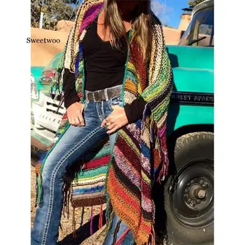 Kadın Vintage Hırka Kazak Örme Hırka Kış Kadın Renkli Baskı Etnik Rüzgar Örgü Hırka Yarasa Kollu Püskül Ceket