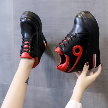 Kadın Yüksek Topuklu 2021 Nefes Dantel Kadar Deri Tıknaz Sneakers Platformu Yüksekliği Artan Ayakkabı 12 CM Kalın Taban Zapatos Mujer