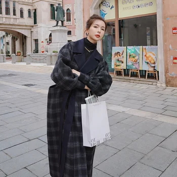 Kadın Yün Ceket Uzun Kış Ekose Ekleme Kore Rahat Retro Bayanlar Pelerin Kalın Gevşek Moda Yaka Düz Kadın