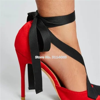 Kadınlar Zarif Kırmızı Süet Siyah Şerit Karışık Renk Elbise Pompaları Stiletto Topuk Sivri Burun Ayakkabı Çapraz Strappy Dantel-up Düğün Ayakkabı