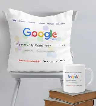 Kişiye Özel Google En İyi Öğretmen Temalı Yastık Kupa Seti-1