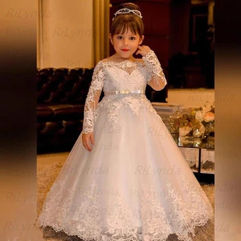 Komünyon Elbiseler Beyaz Çiçek Kız Elbise Düğün Için Dantel Aplikler Boncuklu Pageant Elbise Custom Made 1