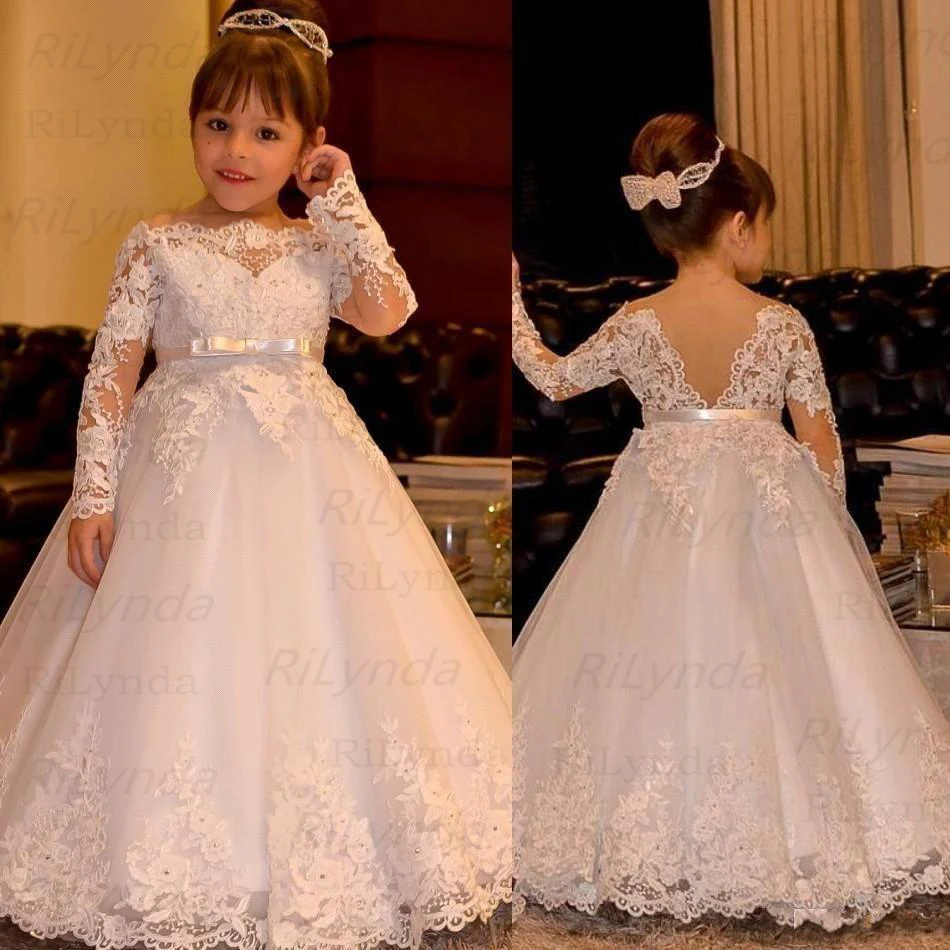 Komünyon Elbiseler Beyaz Çiçek Kız Elbise Düğün Için Dantel Aplikler Boncuklu Pageant Elbise Custom Made 0