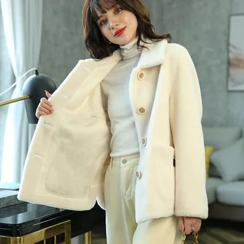 Kore Moda Kısa Koyun Kesme Kürk Kadın Beyaz Mavi Kürk Ceket Rahat Gevşek Kış Kalın Sıcak Sahte Kürk Ceket Kadın