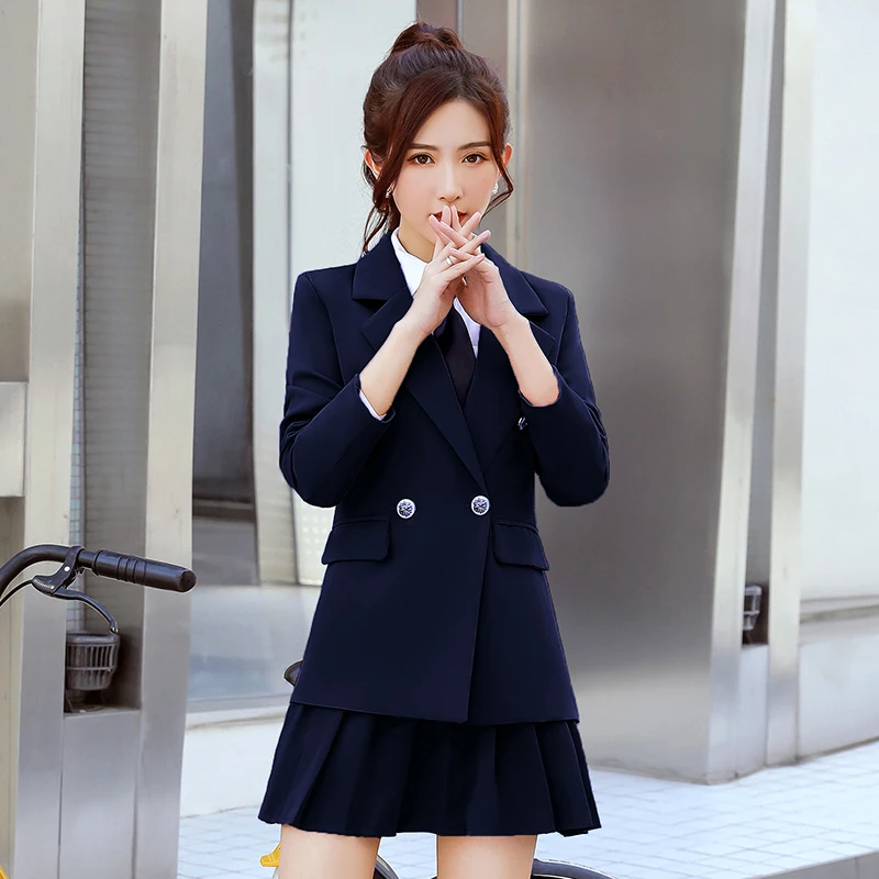 Kore sonbahar profesyonel kadın iş elbiseleri kolej tarzı İngiliz takım elbise iş Etek Seti 2 parça set (ceket + etek)