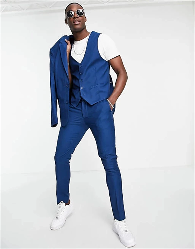 Kraliyet Mavi Iki Düğme Erkek Takım Elbise 3 Adet Kostüm Homme Damatlar Düğün Smokin Terno Masculino Slim Fit Balo Ceket + Pantolon+Yelek