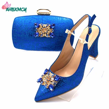 Kraliyet Mavi Renk Afrika Kadın Ayakkabı ve çanta seti İtalyan Bayan Ayakkabı ve Çanta ile Maç için Shinning Kristal Düğün Parti için
