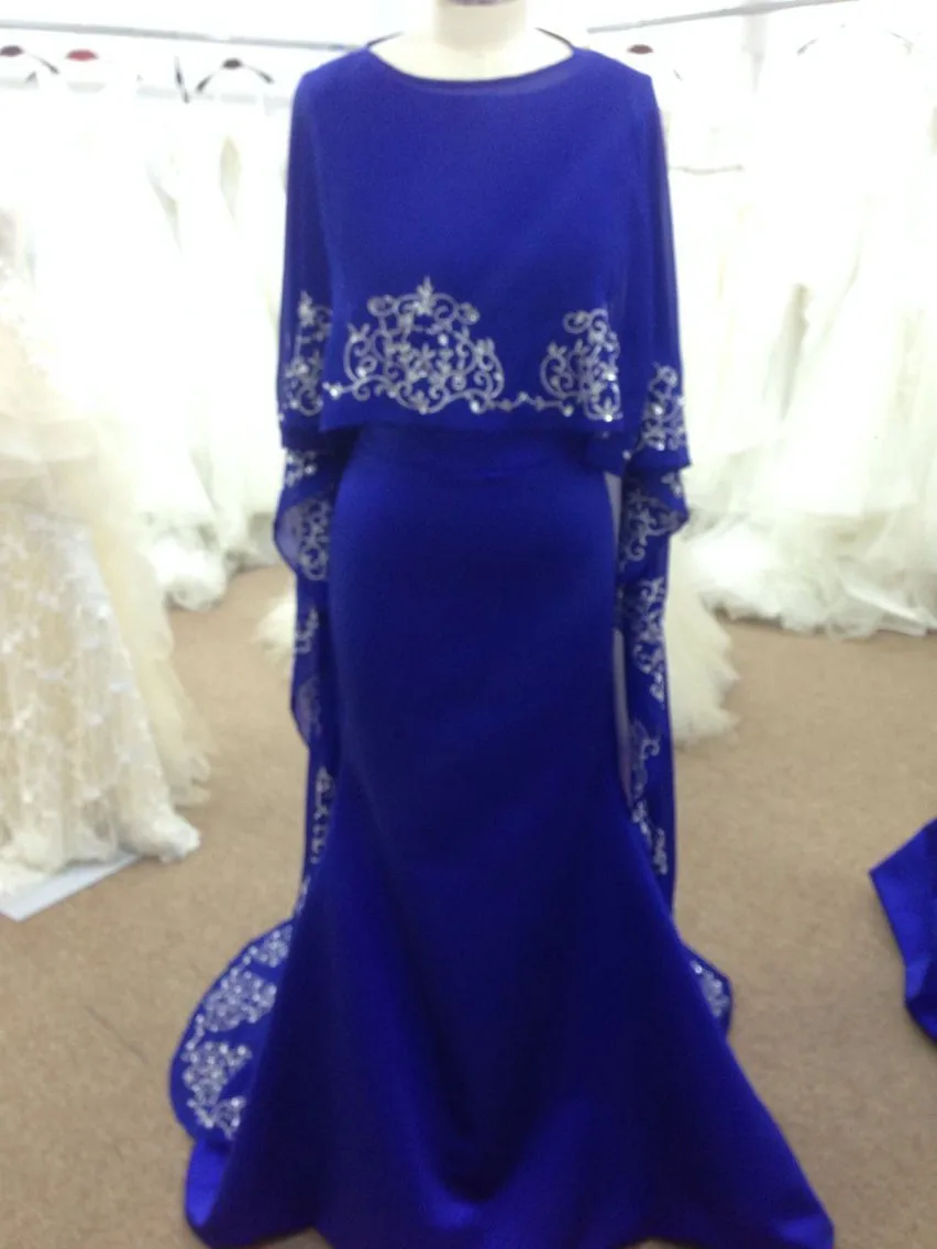 Kraliyet mavi Şifon Şal Dantel Aplike Akşam Balo Elbise Gerçek Görüntü vestido de noiva anne 2