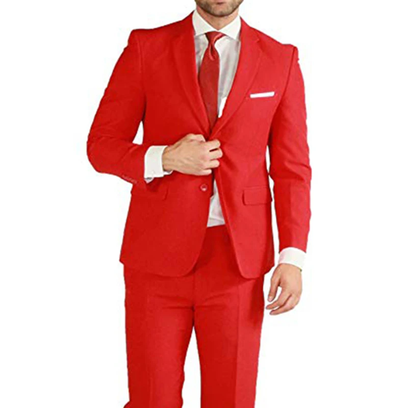 Kırmızı Erkek Takım Elbise Kruvaze 2 Parça (Ceket + Pantolon) Doruğa Yaka Slim Fit Takım Elbise Düğün Yemeği Parti Smokin