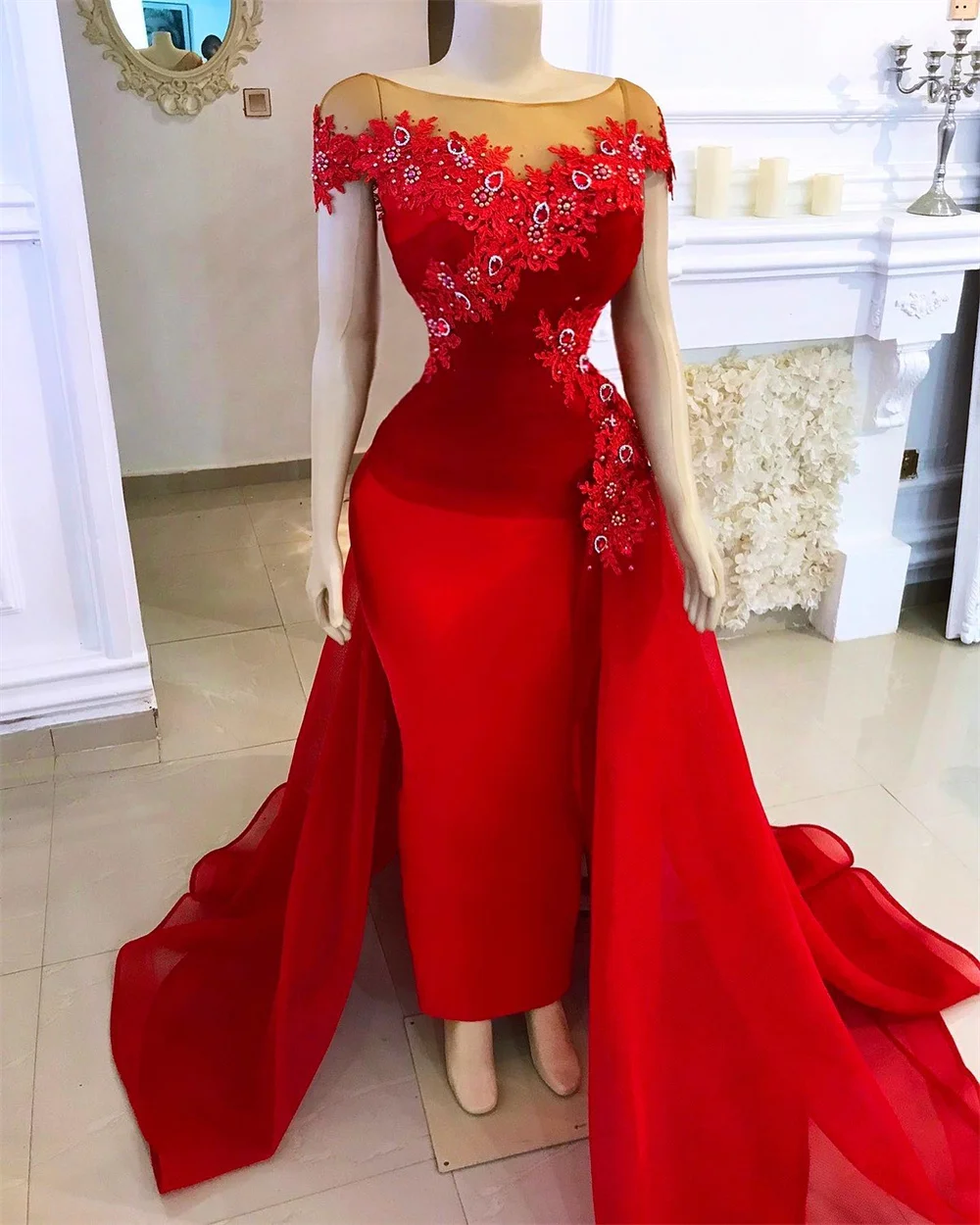 Kırmızı Mermaid Afrika Gelinlik Modelleri O Boyun Aplikler Kristal Custom Made Tül Suudi Arapça Gelin Kıyafeti Aso Ebi