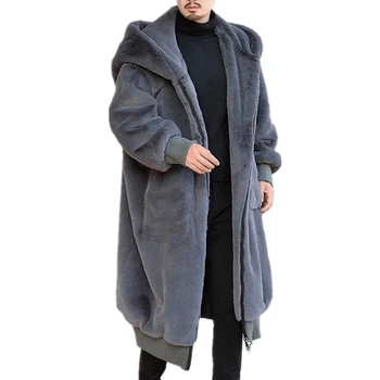 Kış Erkekler Kürkler Coat Ceketler Uzun Kollu Faux Tavşan Kürk Siyah Gri Ile Kapüşonlu Ceket Gevşek Casual Dış Giyim Için Adam