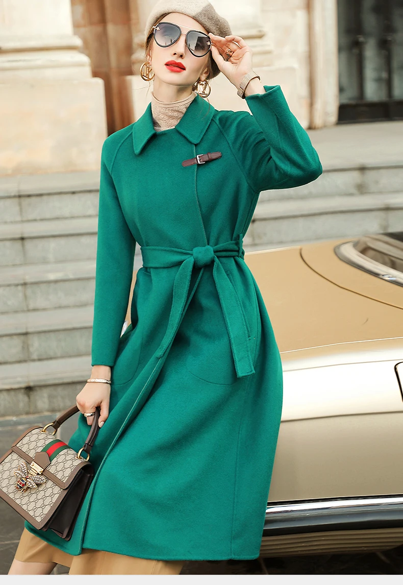 Kış Yeni Sokak Stil Lady Orta Uzunlukta Uzun Kollu High-End Moda Zarif Çift Taraflı Yün Ceket S-XL 0