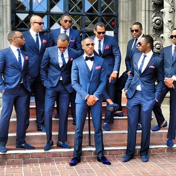 Lacivert Erkekler Smokin Damat Düğün Takımları Yüksek Kalite Groomsmen Balo Yemeği Blazer 2 Parça Suits (Ceket + Pantolon)