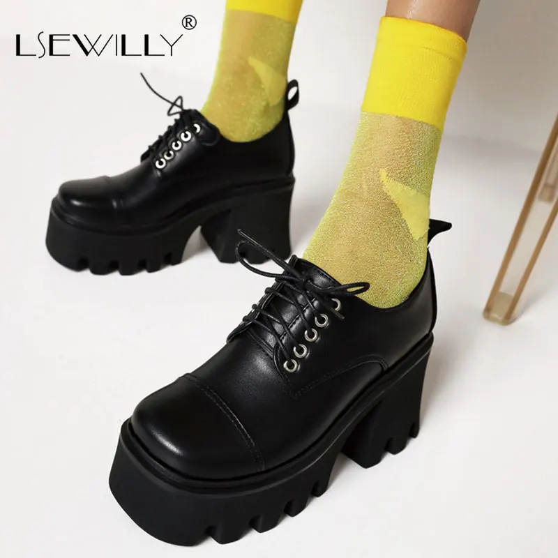 Lsewilly 2021 Sıcak Satış platform ayakkabılar Kadın Bahar Punk Ayakkabı Lace Up Yuvarlak Ayak Rahat Moda Pompaları Kadın rahat ayakkabılar