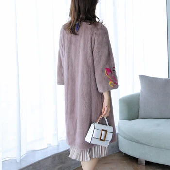 LVCHI Kış 2019 V Yaka Uzun Cep Baskı Gerçek Vizon Kürk Palto Pembe kadın Moda Uzun Kollu Kaybı Orta Nedensel Vizon Mont