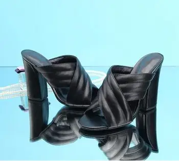 Moda İlkbahar / Yaz Fretwork Dışında Katı Siyah Elbise Sığ Burnu açık Blok Süper Yüksek Topuklu Kadın Ayakkabı Drop Shipping Size9 4